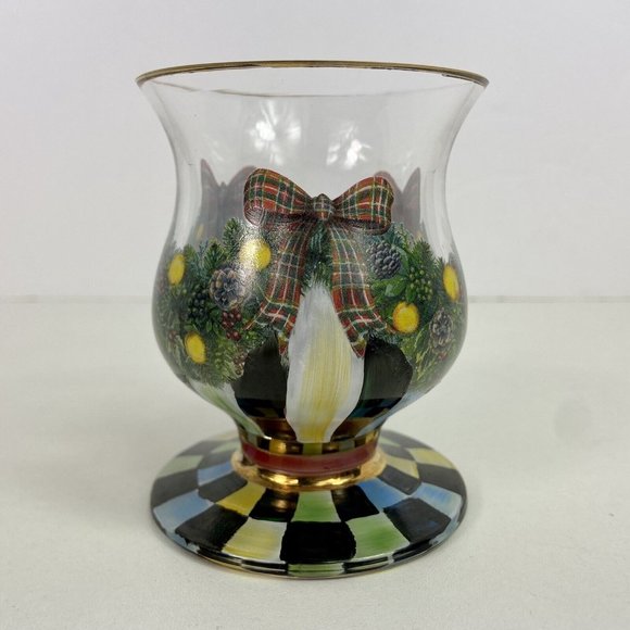 Mackenzie-Childs Evergreen Painted Glass Water Goblet Footed Dessert Christmas - Picture 2 of 7
